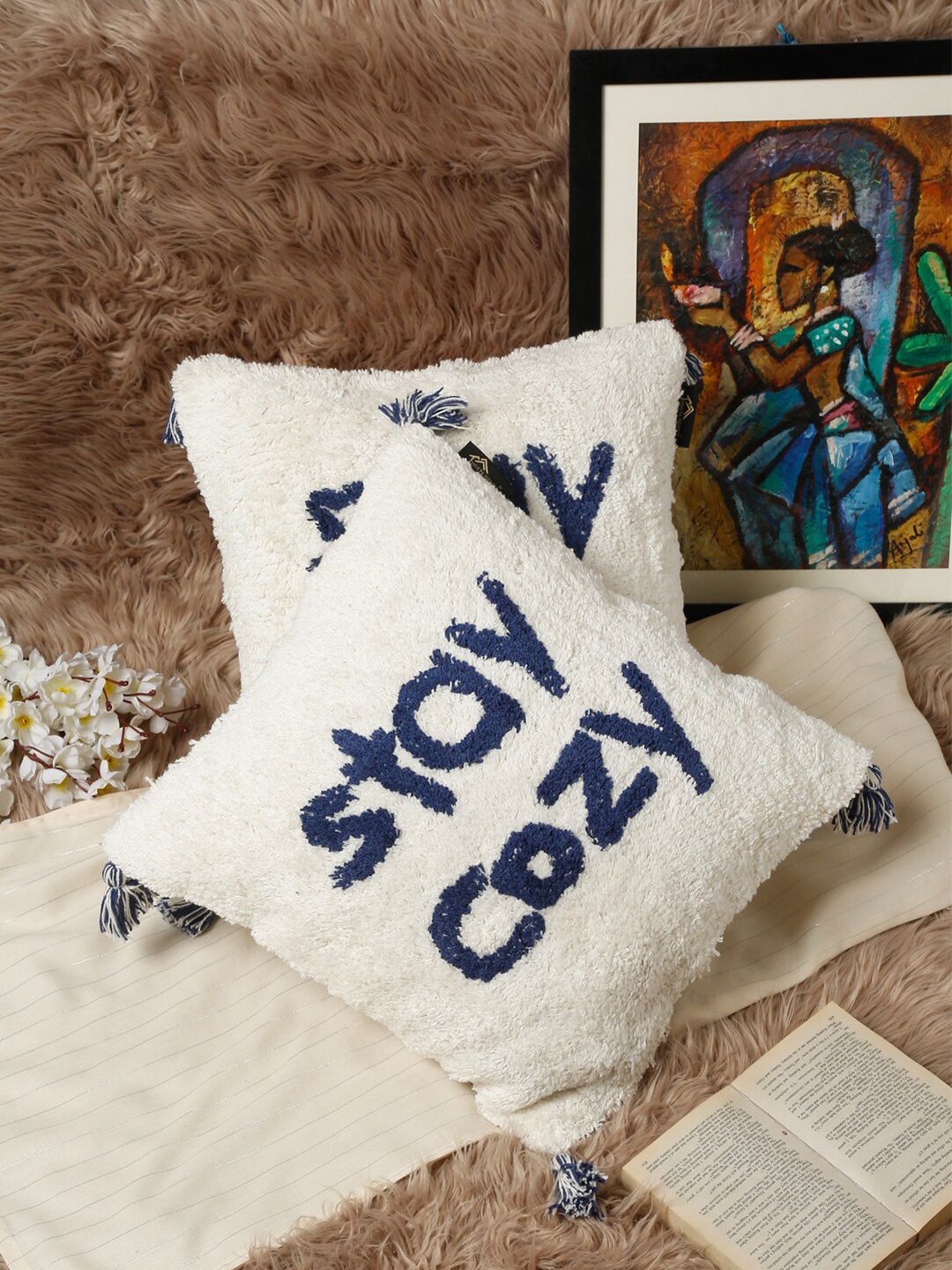 HOSTA HOMES Set Of 2 Blue & White Geometric Embroidered Pure Cotton Square Cushion Covers