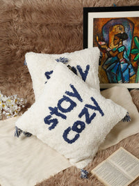 HOSTA HOMES Set Of 2 Blue & White Geometric Embroidered Pure Cotton Square Cushion Covers