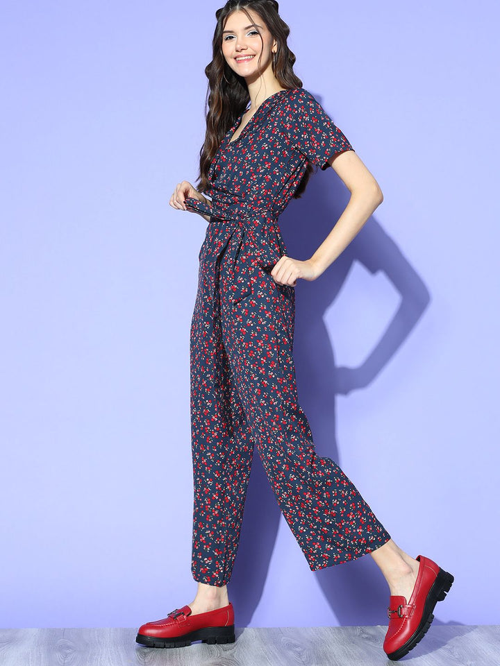 Berrylush Women Navy Blue Printed Wrap it Up Jumpsuit
