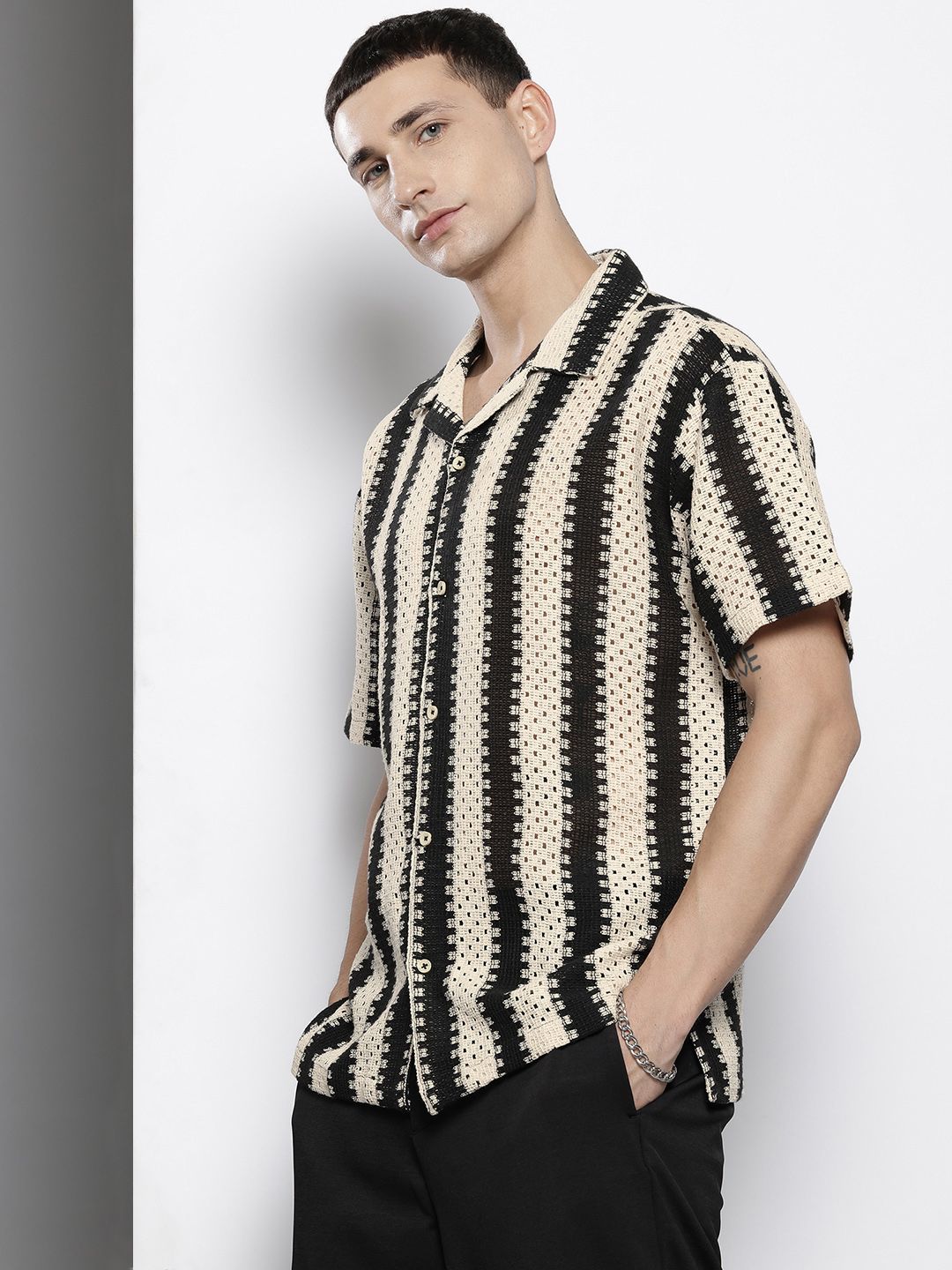 The Indian Garage Co Men Textured Open Weave Knitted Relaxed Fit Shirt