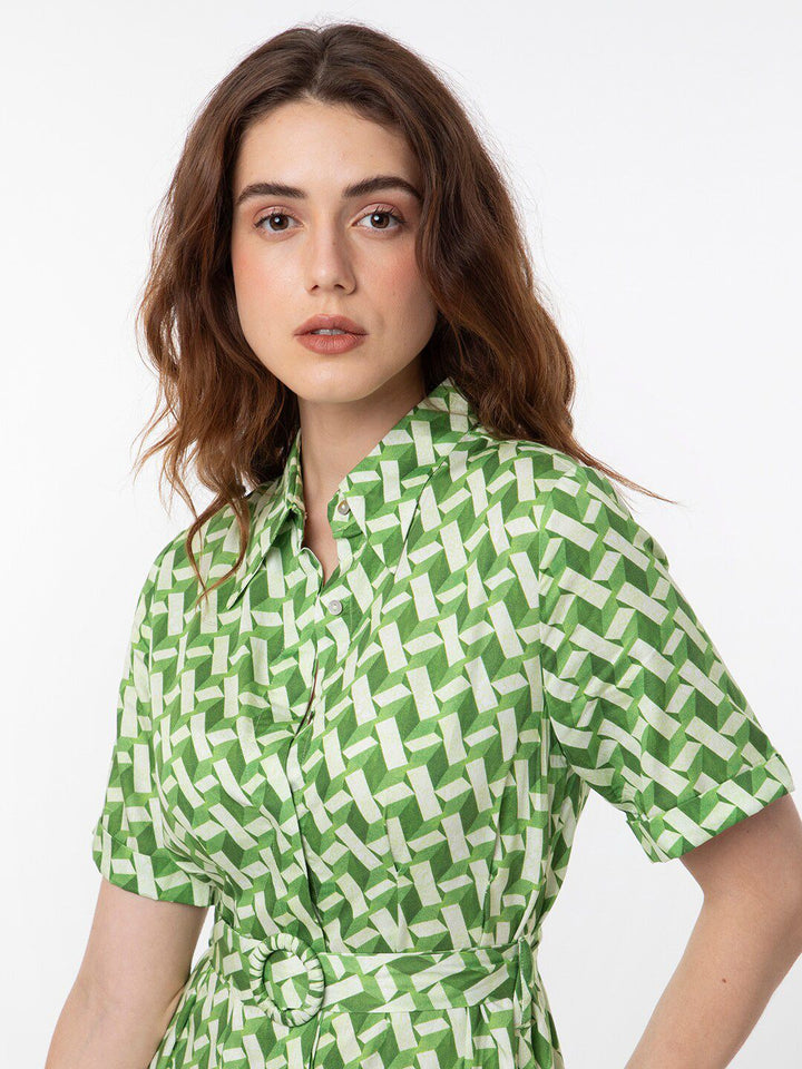 RAREISM Geometric Printed Cotton Midi Shirt Dress