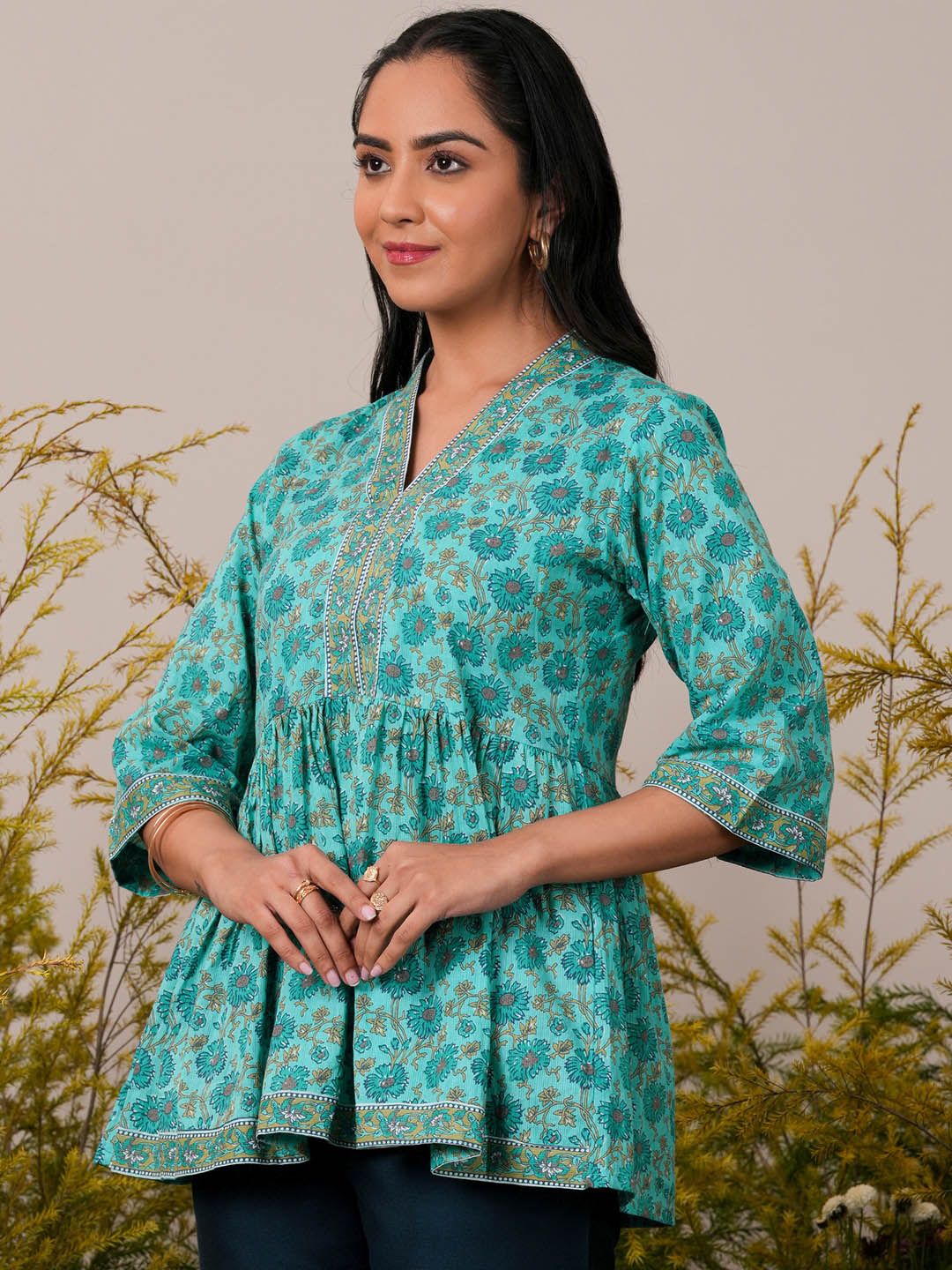 Libas Floral Block Printed V-Neck Flared Sleeves Pure Cotton Pleated A-Line Kurti