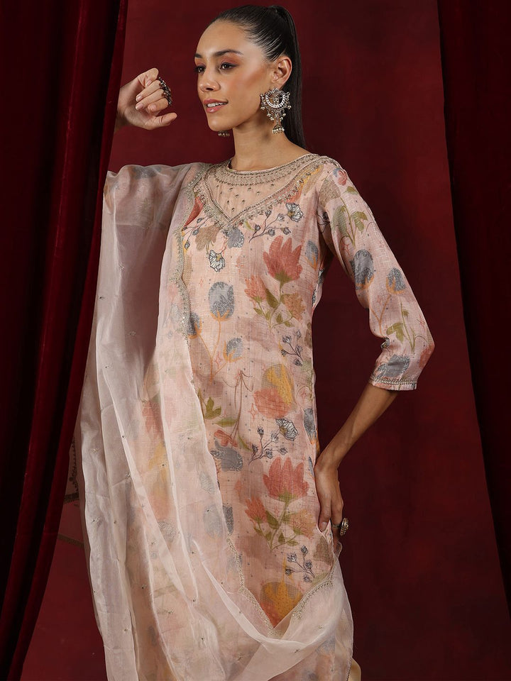 Libas Floral Printed Round Neck Regular Thread Work Organza Kurta With Trousers & Dupatta