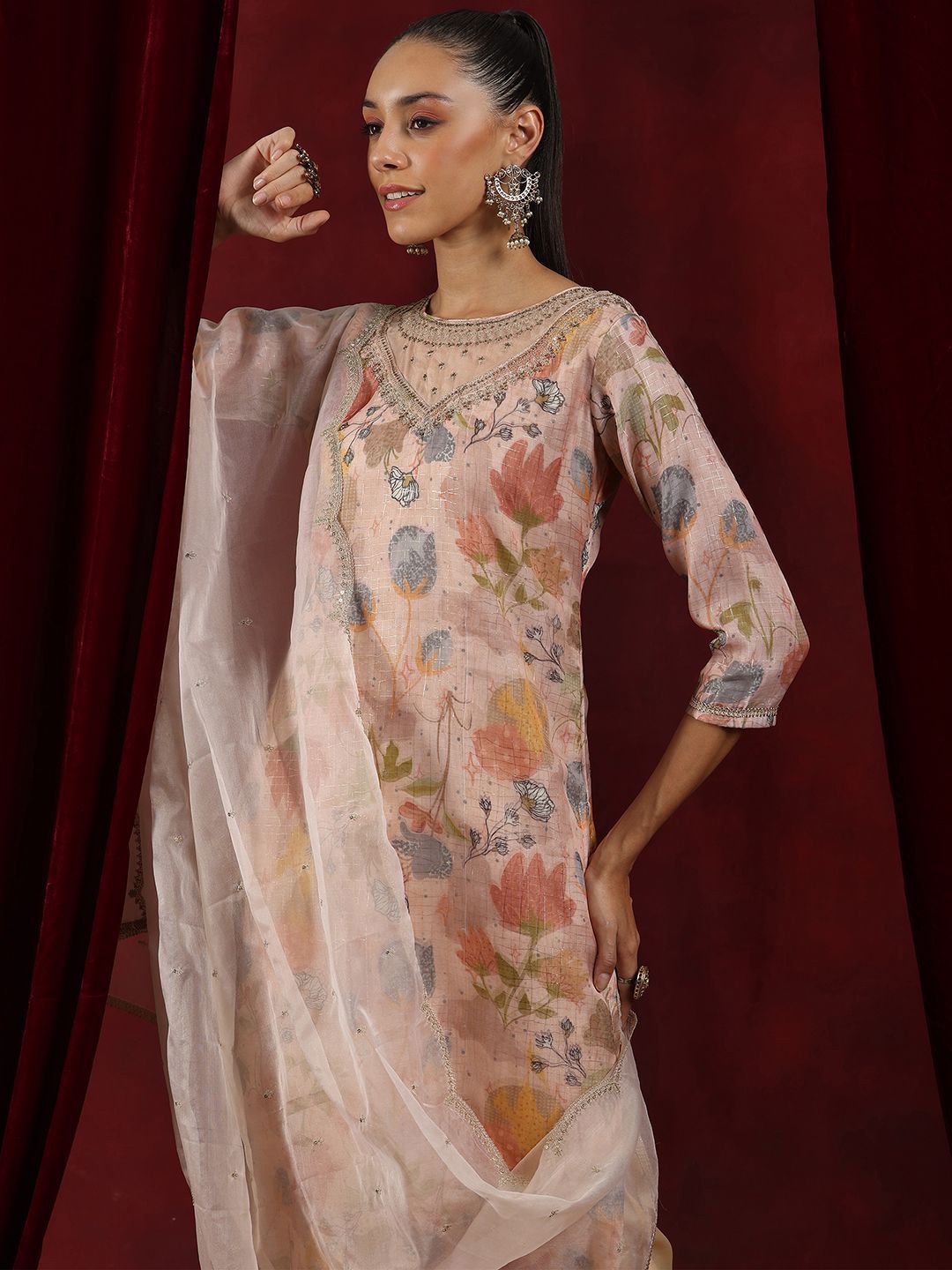 Libas Floral Printed Round Neck Regular Thread Work Organza Kurta With Trousers & Dupatta