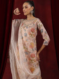 Libas Floral Printed Round Neck Regular Thread Work Organza Kurta With Trousers & Dupatta
