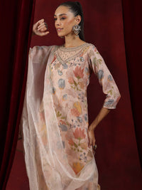 Libas Floral Printed Round Neck Regular Thread Work Organza Kurta With Trousers & Dupatta