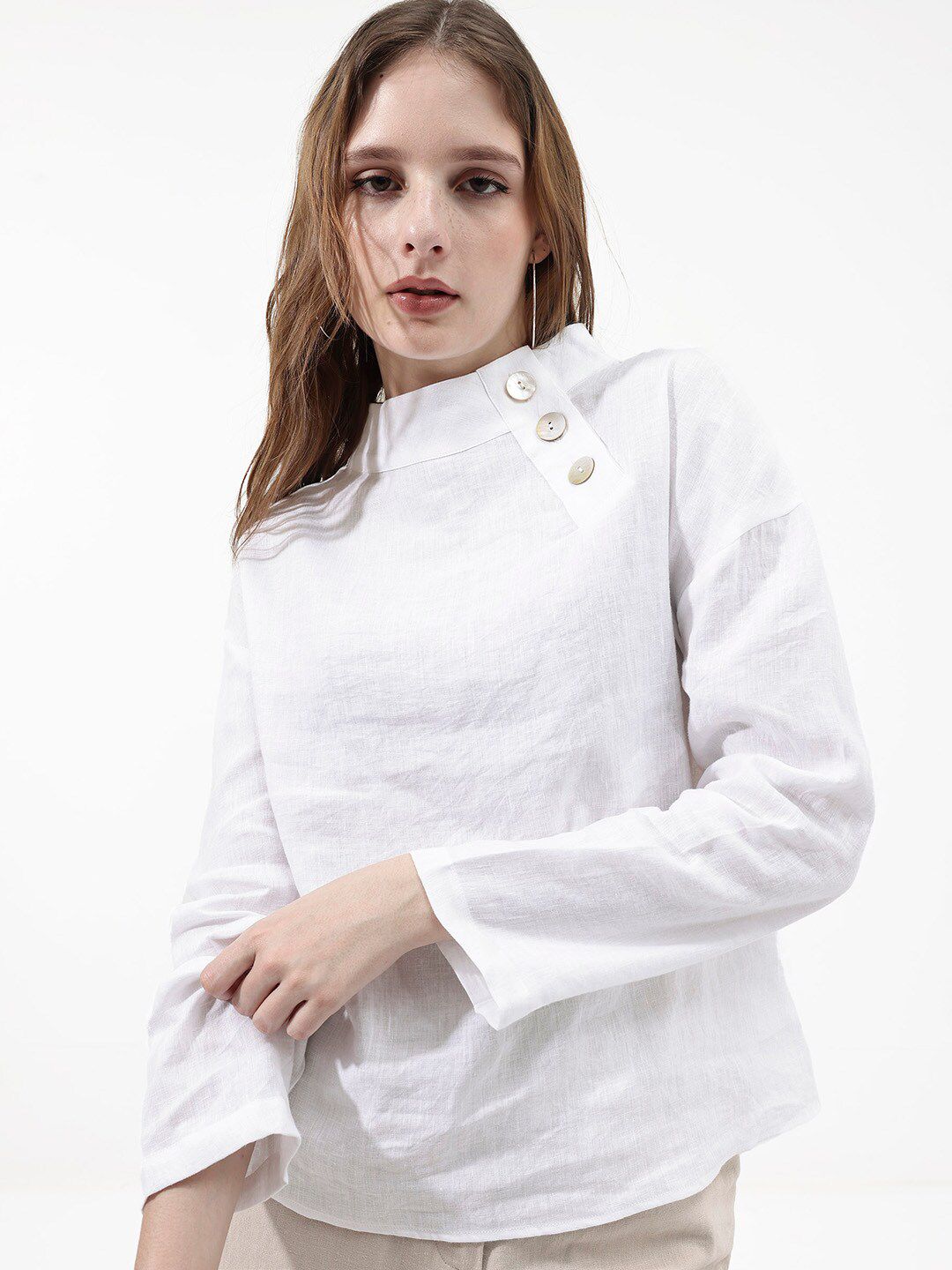 RAREISM Mandarin Collar Linen Top