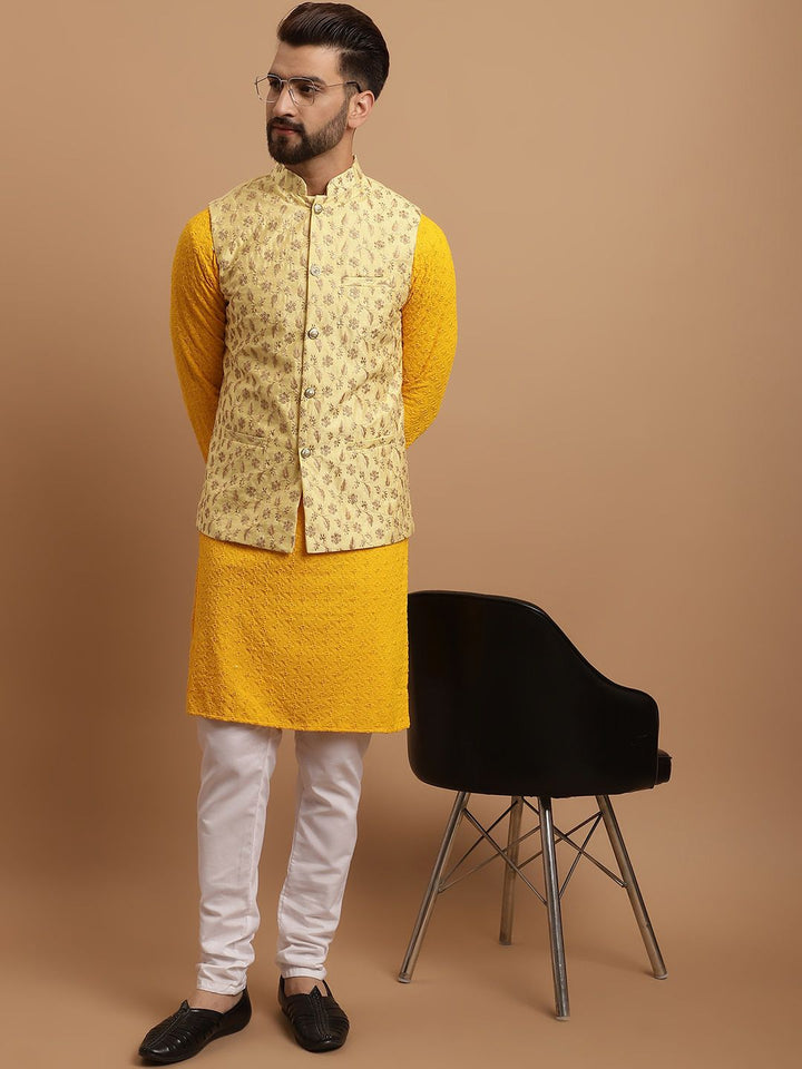 SOJANYA Etnik Sulam Labuci Kapas Tulen Kurta & Churidar Dengan Jaket Nehru