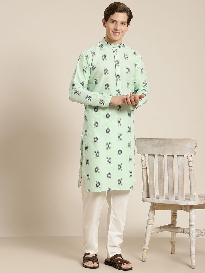 SOJANYA Men Green & Black Pure Cotton Self Design Kurta