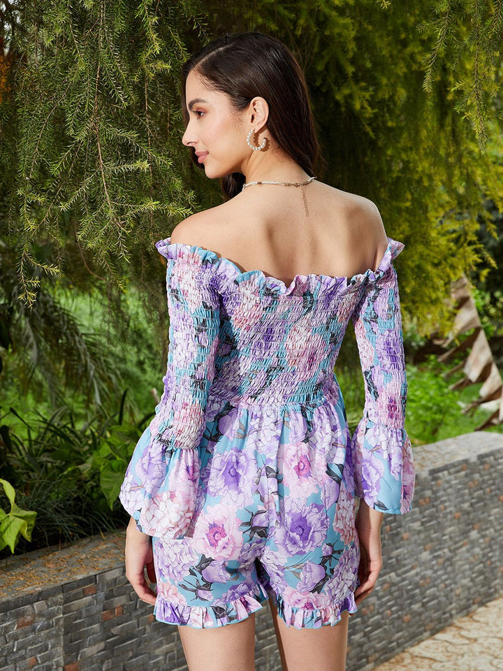 SASSAFRAS Off-Shoulder Floral Printed Bell Sleeves Smocked Playsuit