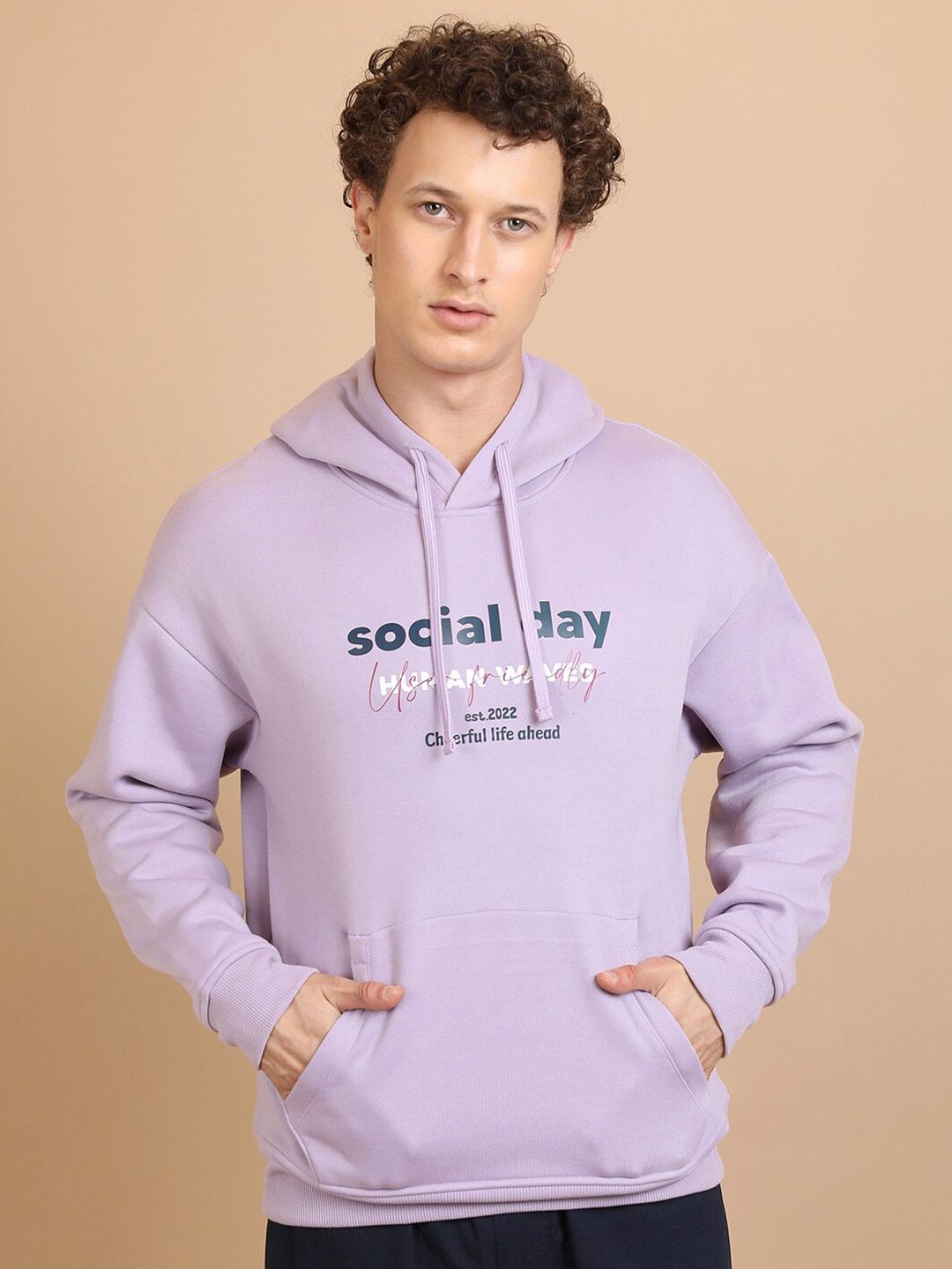 HIGHLANDER Typography Printed Hooded Oversized Drop Shoulder Sleeves Pullover Sweatshirt