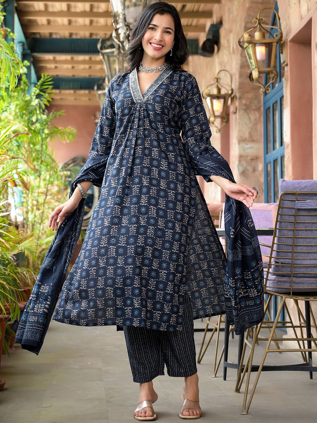 KALINI Floral Printed V-Neck Thread Work A-Line Kurta With Trousers & Dupatta
