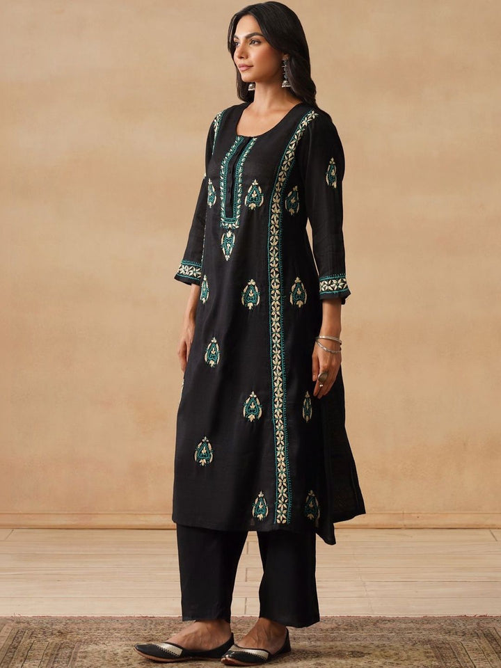 House of Chikankari Women Regular Chanderi Cotton Kurta with Trousers Set
