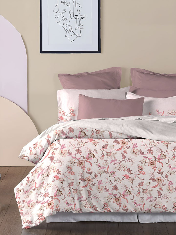 MYTRIDENT White & Pink Floral 210 TC Pure Cotton King Bedsheet with 2 Pillow Covers