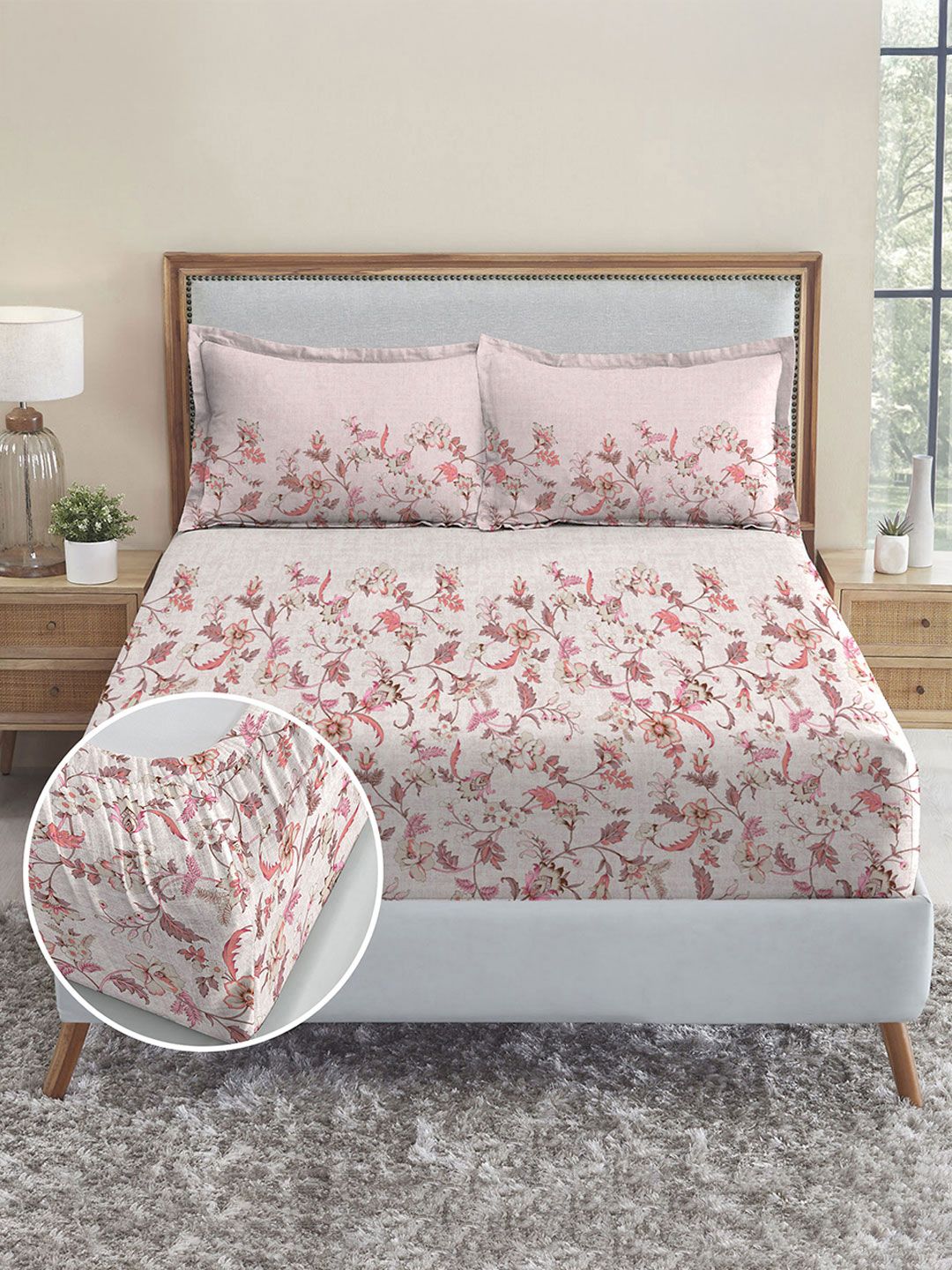 MYTRIDENT White & Peach Floral 210 TC Cotton Fitted King Bedsheet with 2 Pillow Covers
