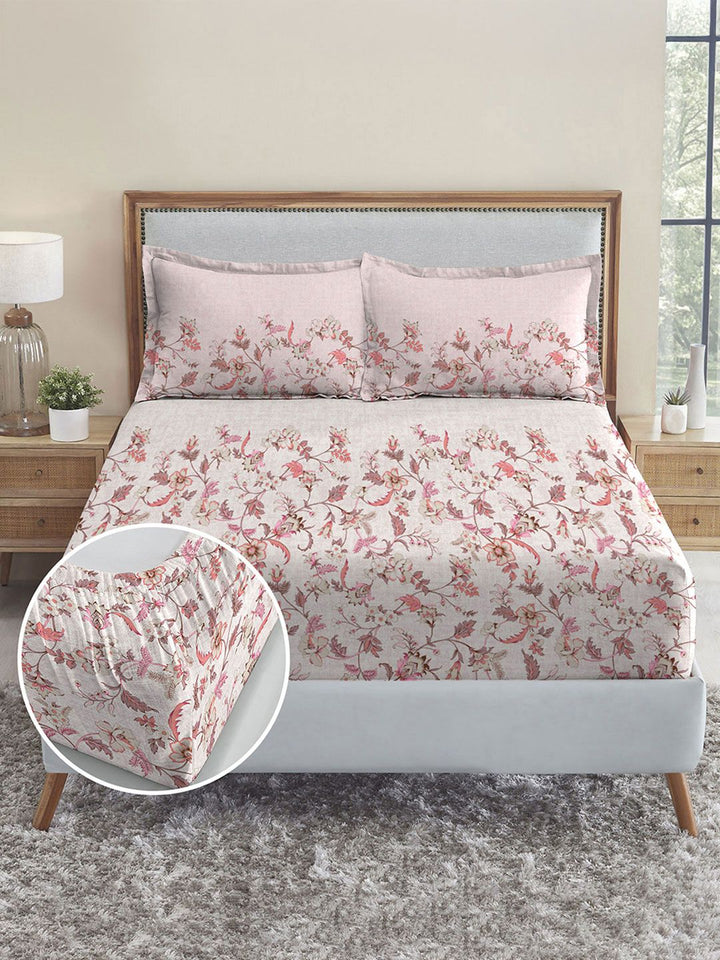 MYTRIDENT White & Peach Floral 210 TC Cotton Fitted King Bedsheet with 2 Pillow Covers