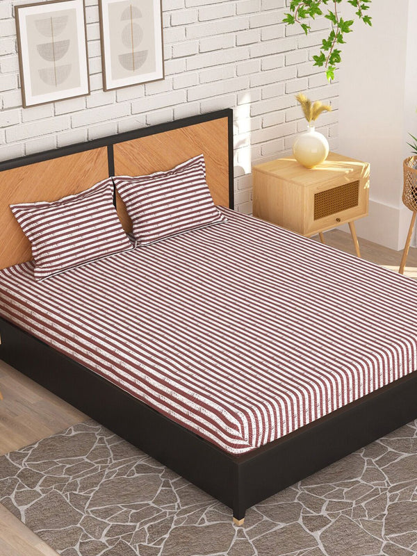 Story@home Maroon & White Striped 180 TC Queen Bedsheet with 2 Pillow Covers