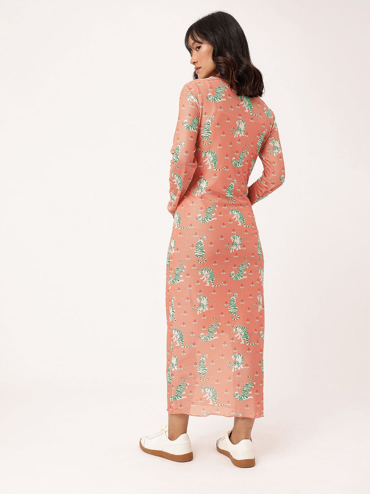 DressBerry Girly Girl Soft Net Graphic Printed Sheath Midi Dress Comes With Inner Slip