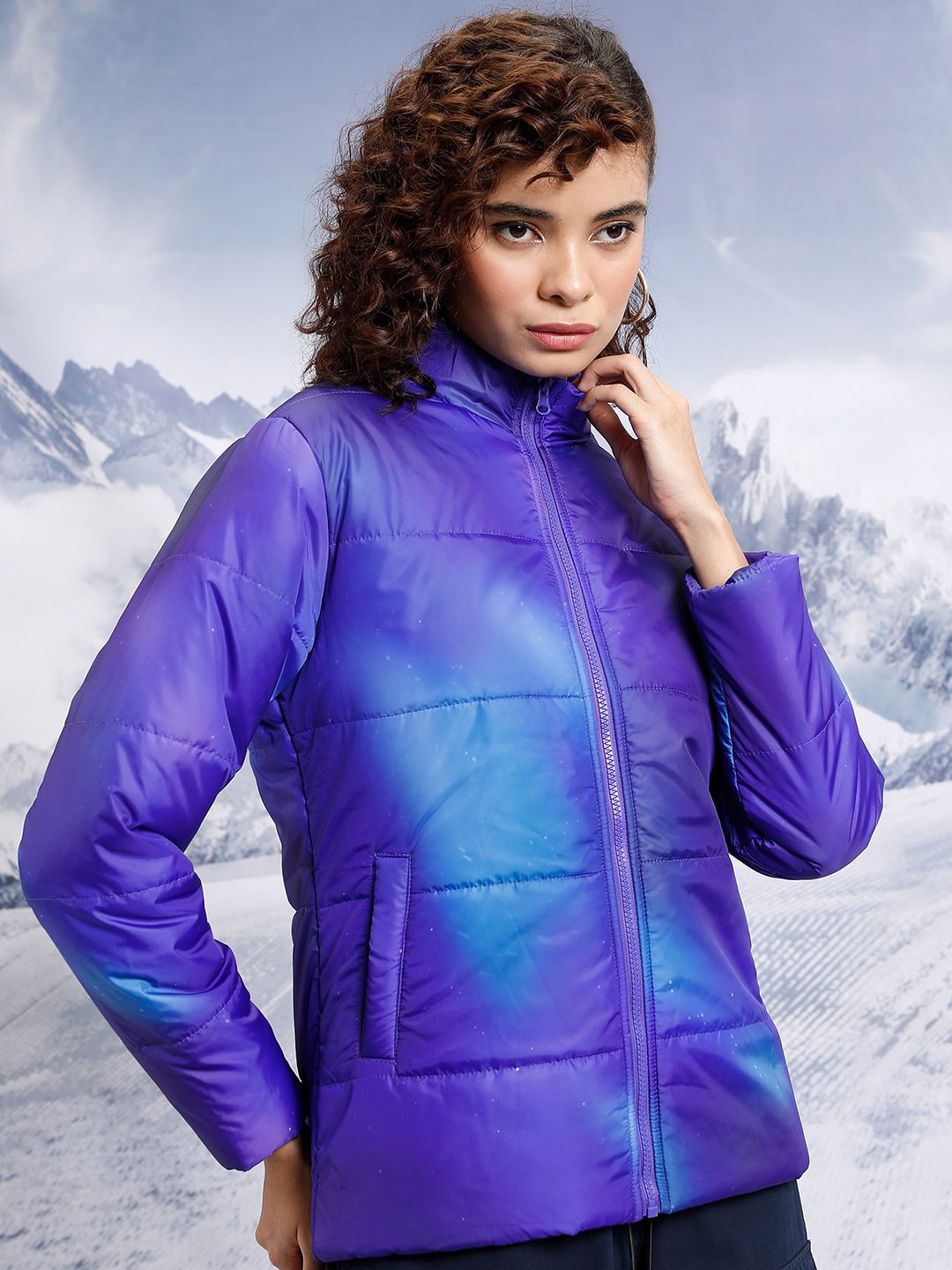 Tokyo Talkies Printed Stand Collar Puffer Jacket