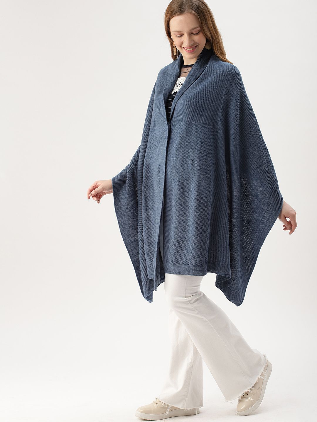 DressBerry Women Blue Self Design Front-Open Acrylic Sweater