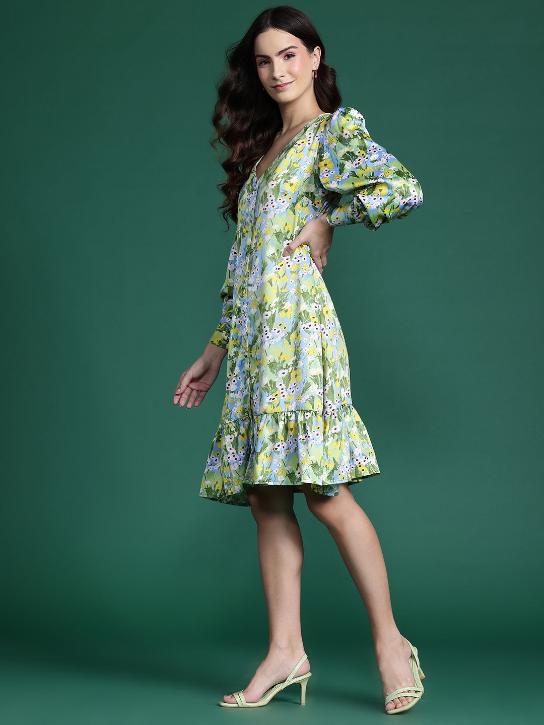 DressBerry Floral Print Bishop Sleeve A-Line Dress
