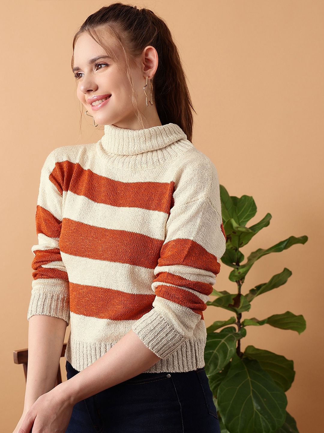 STREET 9 Striped Turtle Neck Crop Acrylic Pullover Sweater
