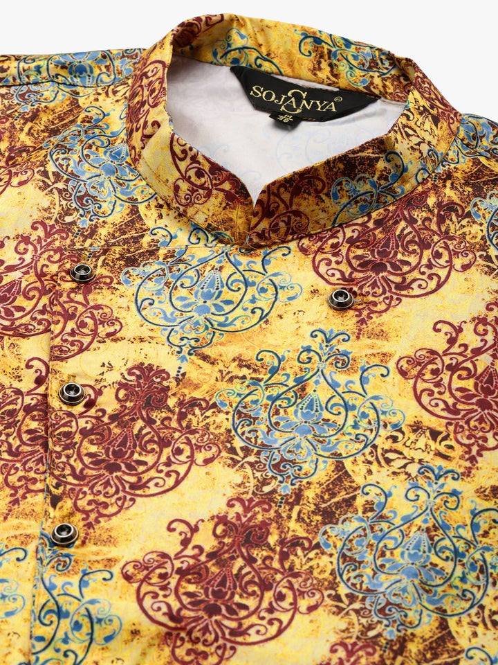 SOJANYA Men Blue & Yellow Solid Kurta with Churidar & Printed Jacket