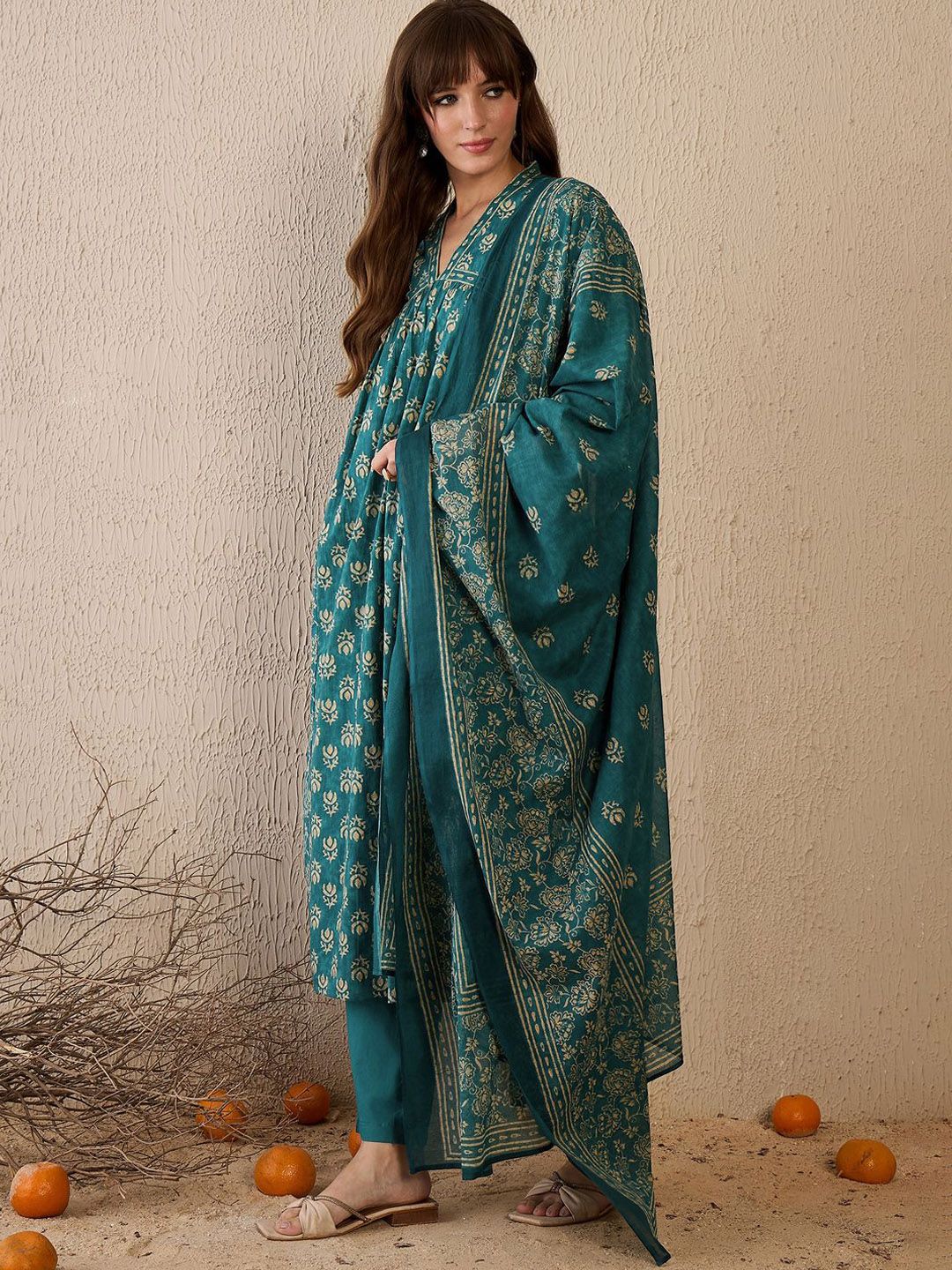 Indo Era Women Floral Printed Empire Pure Cotton Kurta with Trousers & With Dupatta