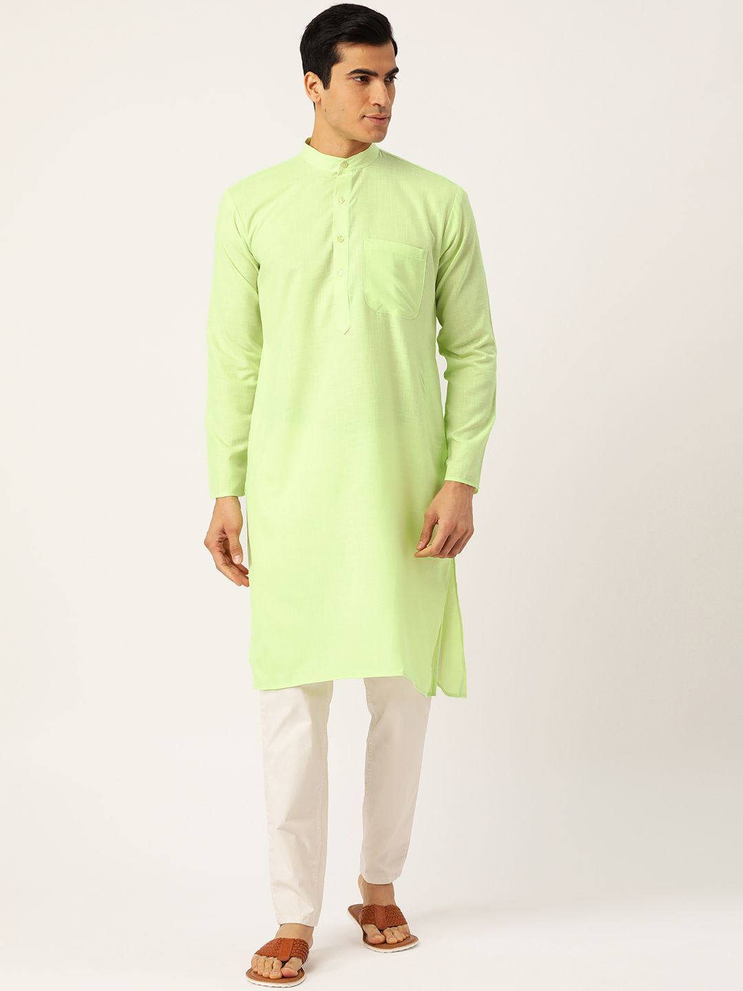 SOJANYA Men Green Solid Straight Kurta