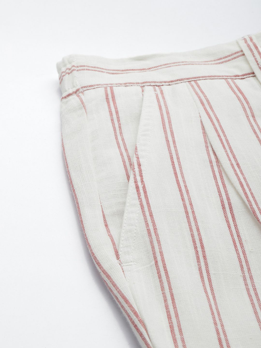Mr Bowerbird Men Liberal Fit Striped Cotton Linen Pleated Trousers