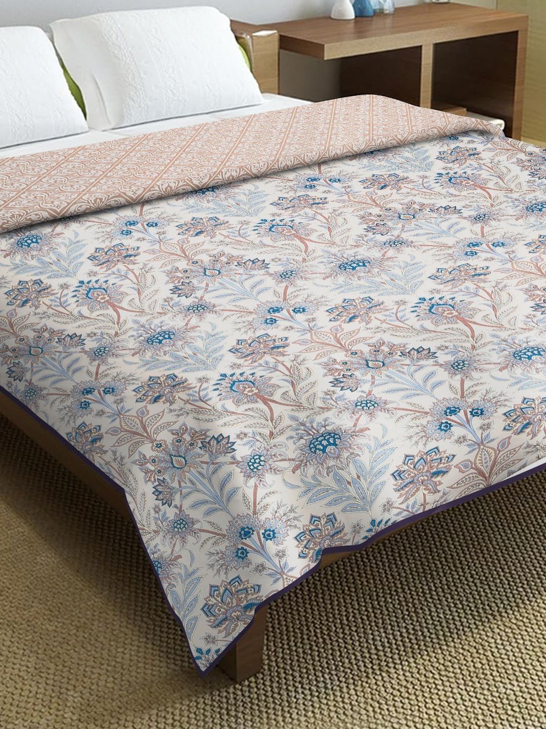 Cortina White & Blue Ethnic Motifs Microfiber AC Room Reversible Double Bed Dohar