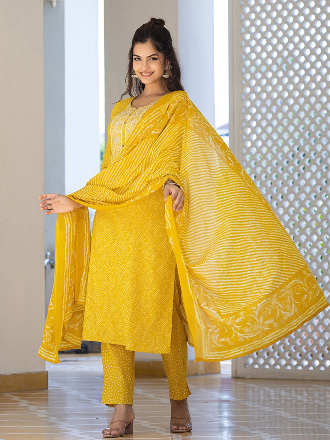 KALINI Bandhani Printed Regular Mirror Work Kurta With Trousers & Dupatta