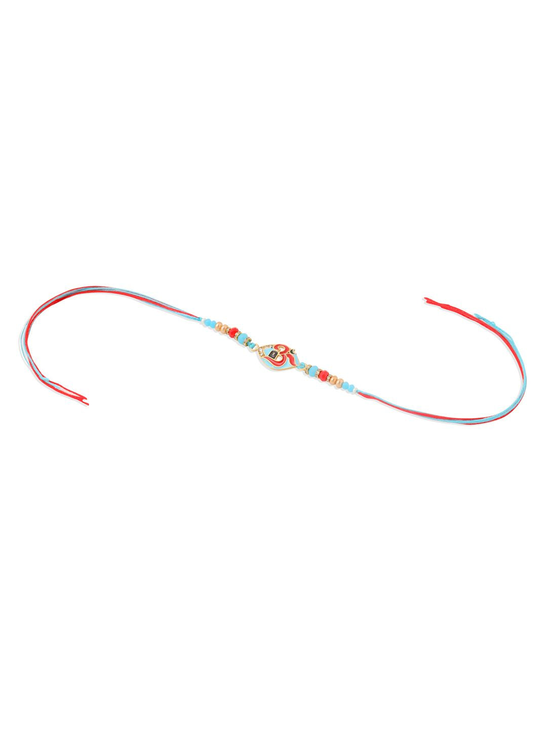 NVR Unisex Red & Blue Artificial Stones and Beads Om Thread Rakhi With Roli Chawal