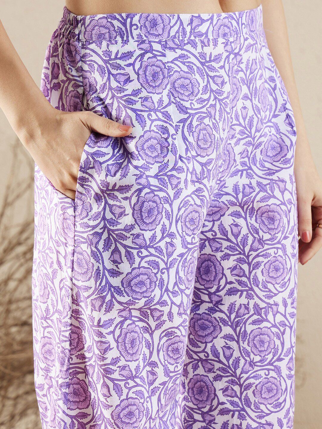 Indo Era V-Neck Floral Printed Panelled Pure Cotton Kurta Set