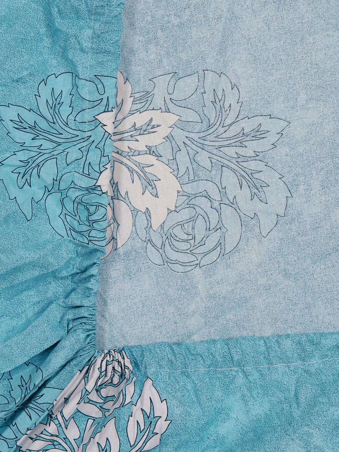 KLOTTHE Turquoise Blue & White Printed 400 TC Pure Cotton Fitted Double King Bedsheet Set