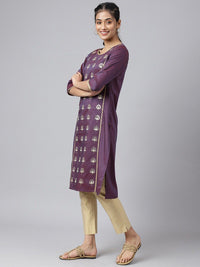AURELIA Women Purple Floral Thread Work Kurta
