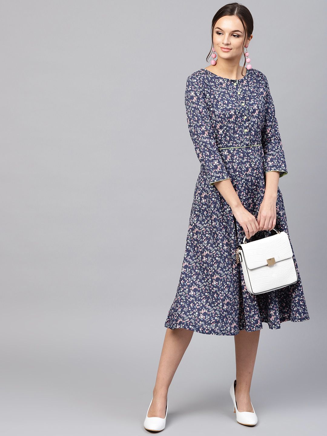 SASSAFRAS Navy Blue & Pink Floral Printed Cotton Fit and Flare Dress