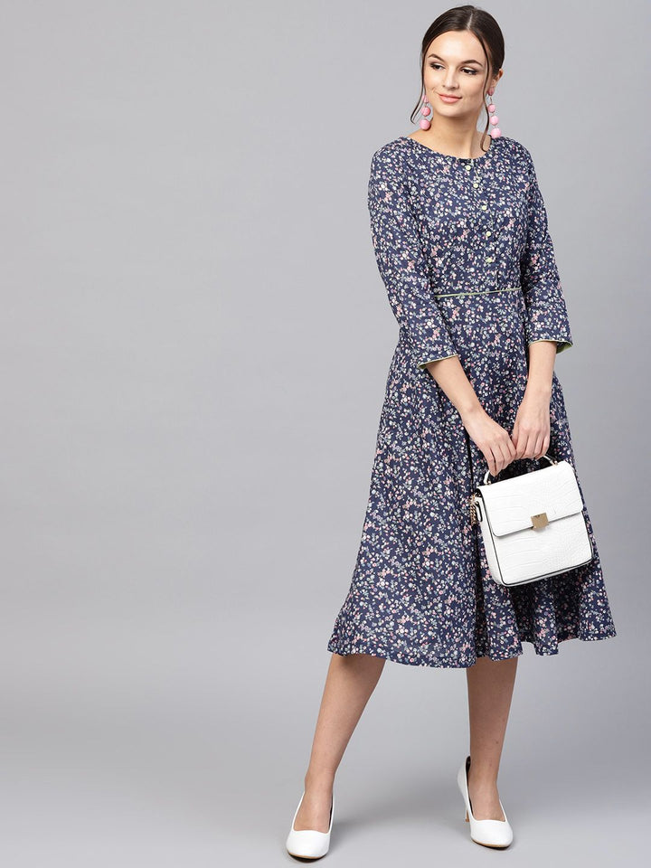 SASSAFRAS Navy Blue & Pink Floral Printed Cotton Fit and Flare Dress