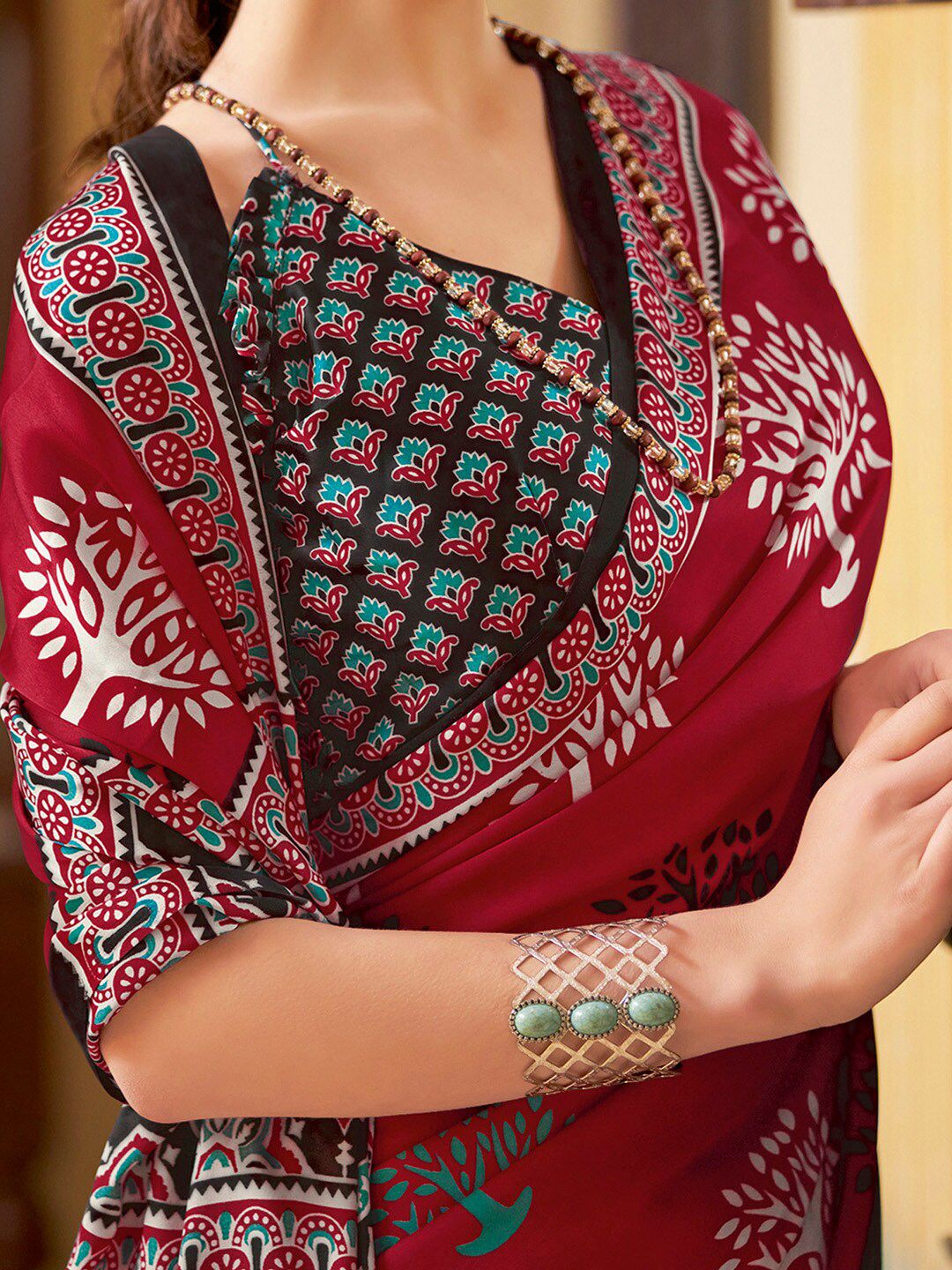 Saree mall modal Ajrak Block Poly Crepe Bagru SareesWith Blouse Piece