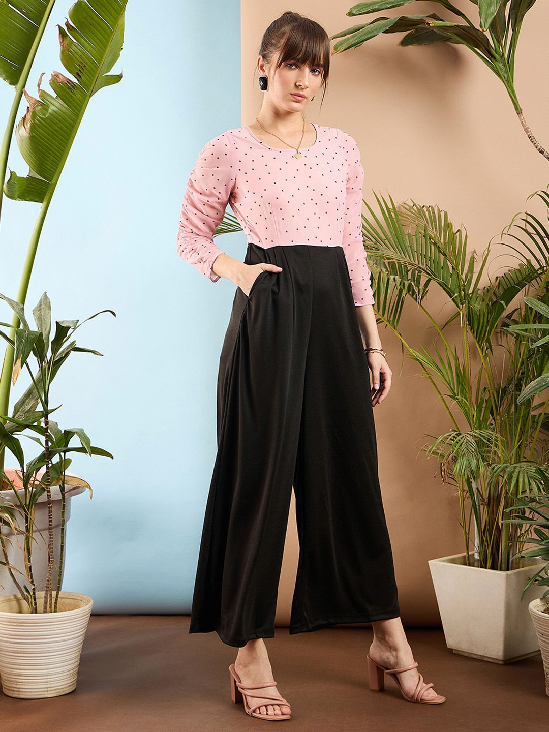 SASSAFRAS Peach-Coloured and Black Colourblocked Smocked Jumpsuit