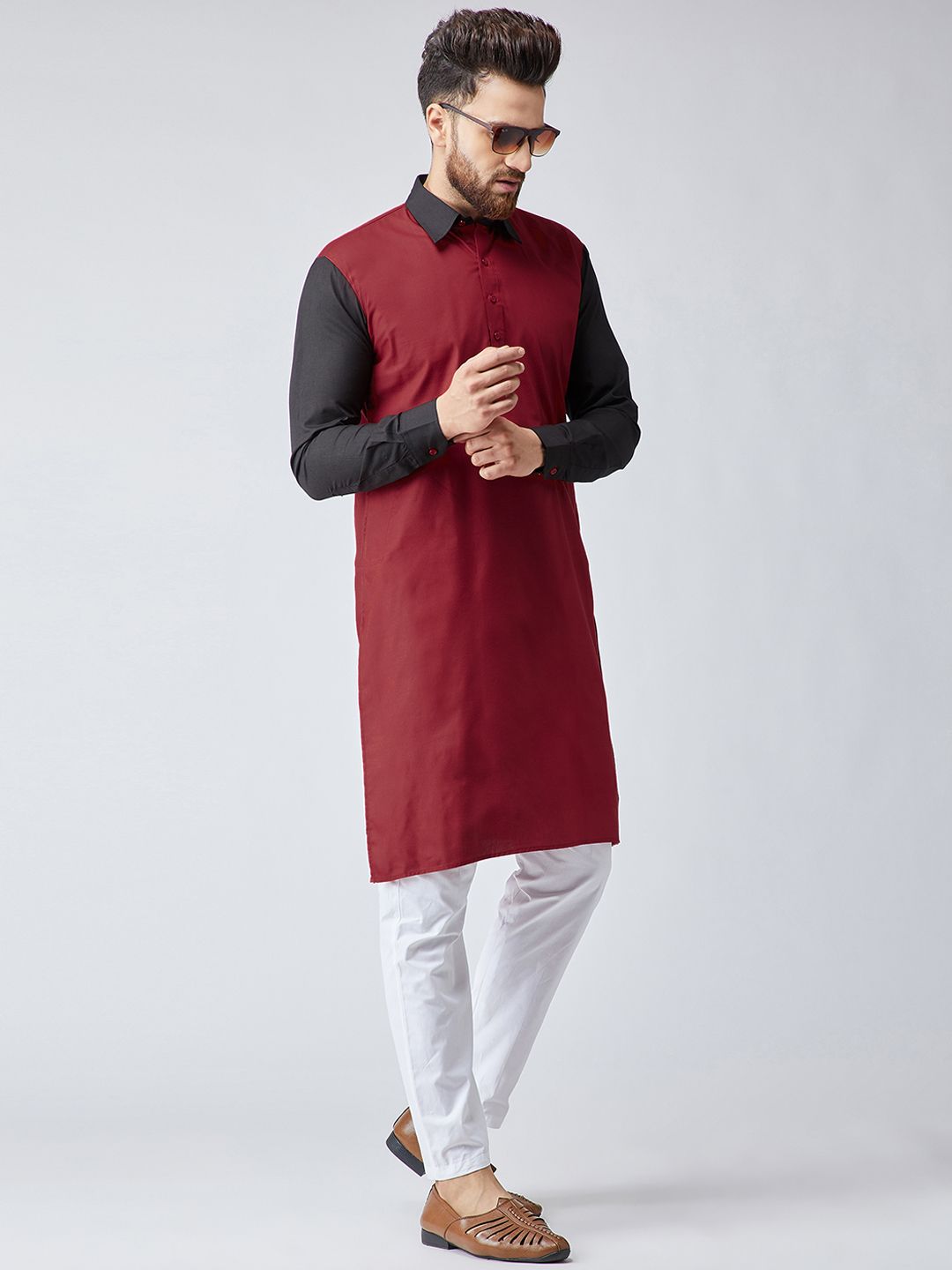 SOJANYA Men Maroon & Black Colourblocked Pathani Kurta