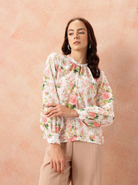 all about you Floral Print Keyhole Neck Puff Sleeves Georgette Semi-Sheer Top