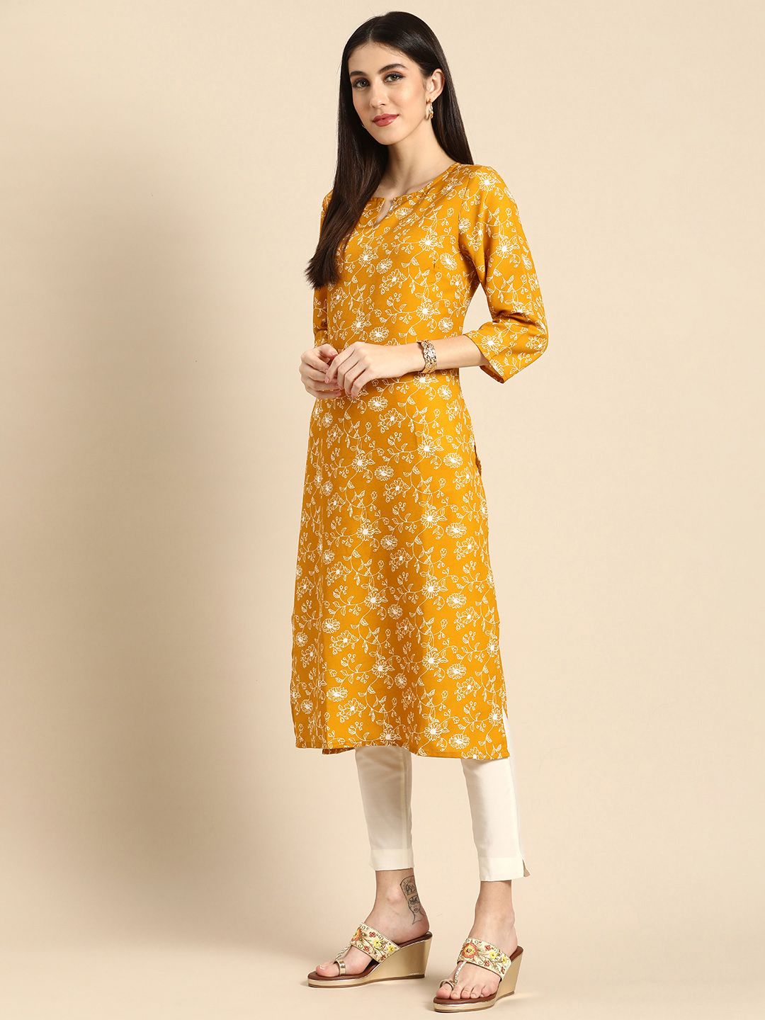 Anouk Women Yellow & White Floral Printed Pure Cotton A-Line Kurta
