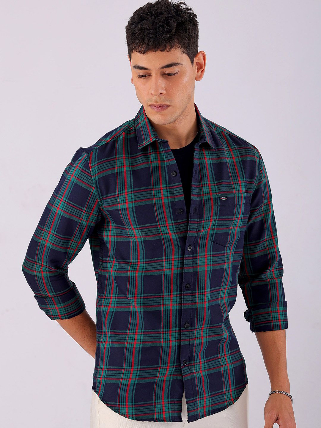 The Indian Garage Co Men Spread Collar Tartan Checked Cotton Slim Fit Casual Shirt