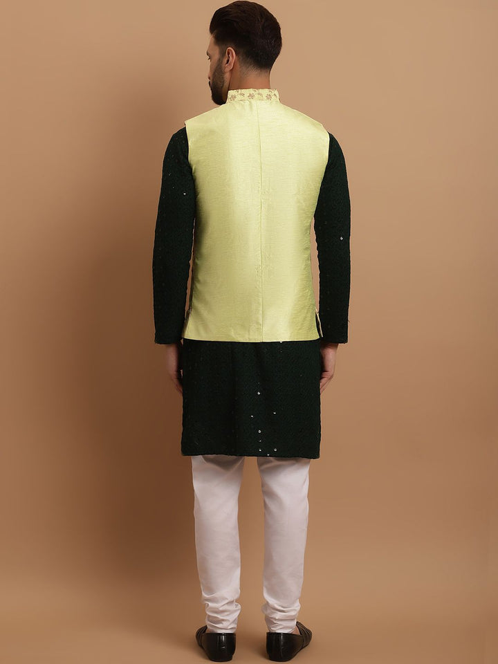 SOJANYA Etnik Sulam Labuci Kapas Tulen Kurta & Churidar Dengan Jaket Nehru