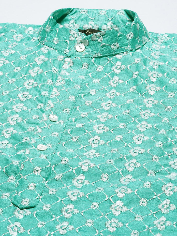 SOJANYA Men Green & White Ethnic Motifs Embroidered Kurta