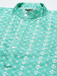 SOJANYA Men Green & White Ethnic Motifs Embroidered Kurta