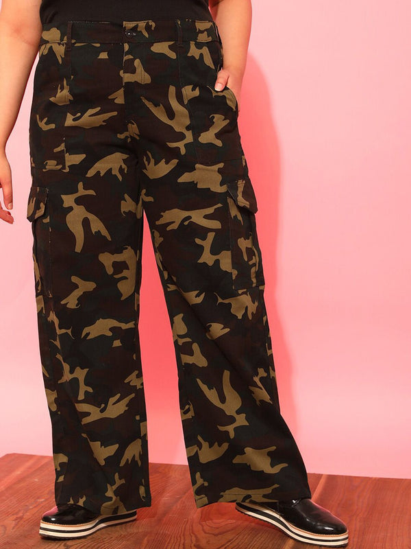 CURVY STREET Women Plus Size Olive Green Printed Relaxed Straight Leg Pure Cotton Trousers