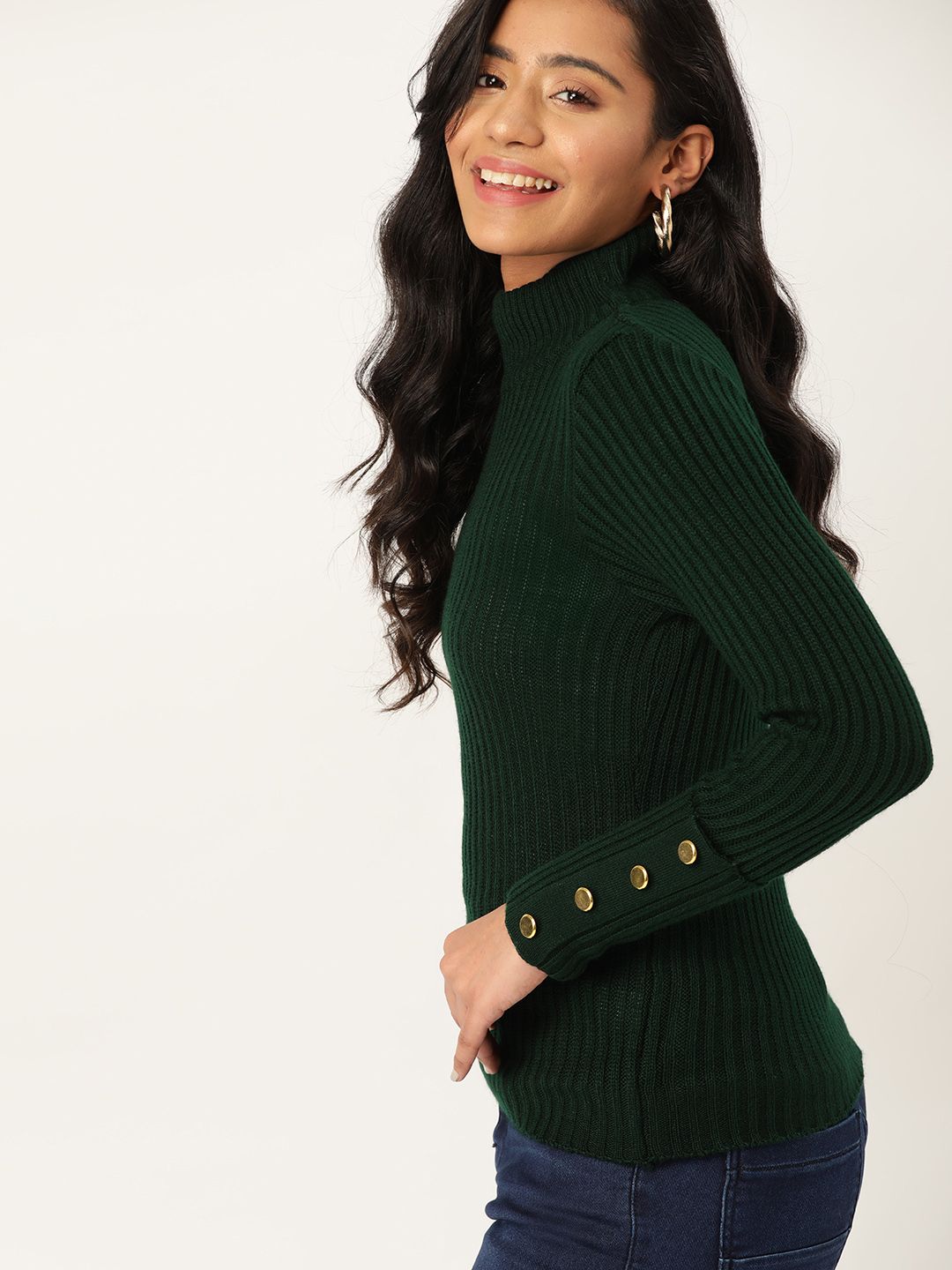 DressBerry Women Green Ribbed Pullover