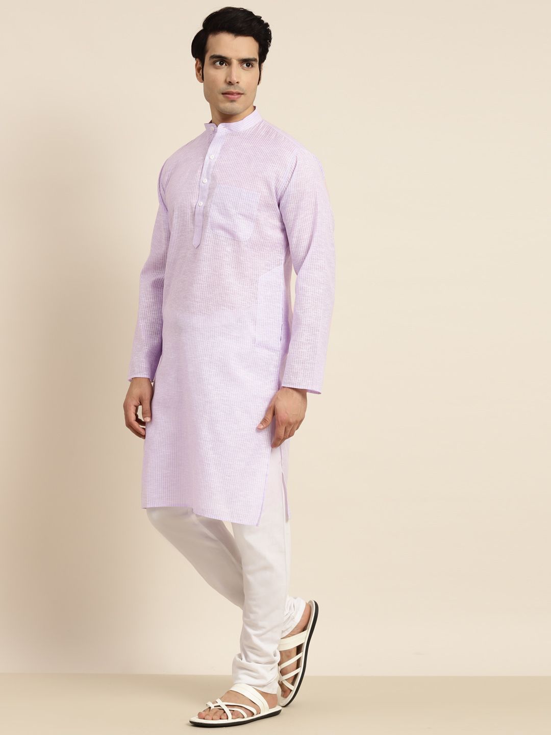 Anug by SOJANYA Men Purple Striped Pure Cotton Kurta